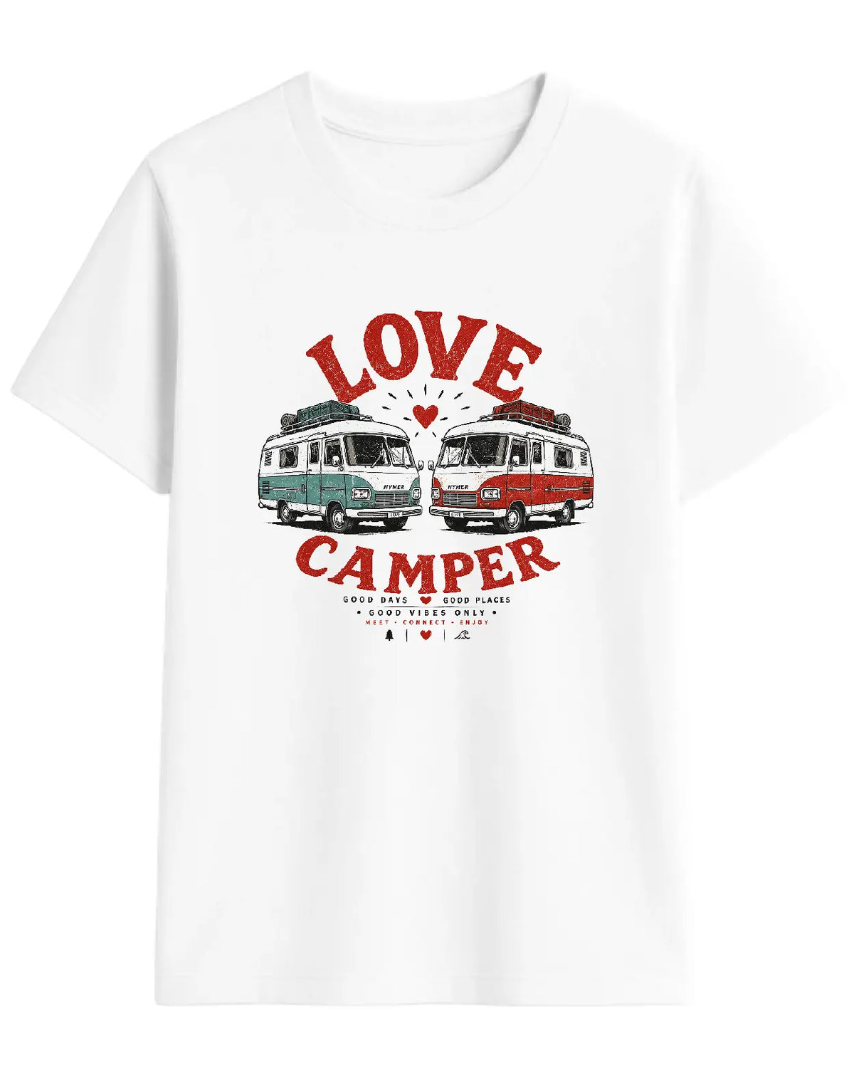 Camiseta Love Camper Hymer Dúo con ilustración de pareja de autocaravanas en color Blanco