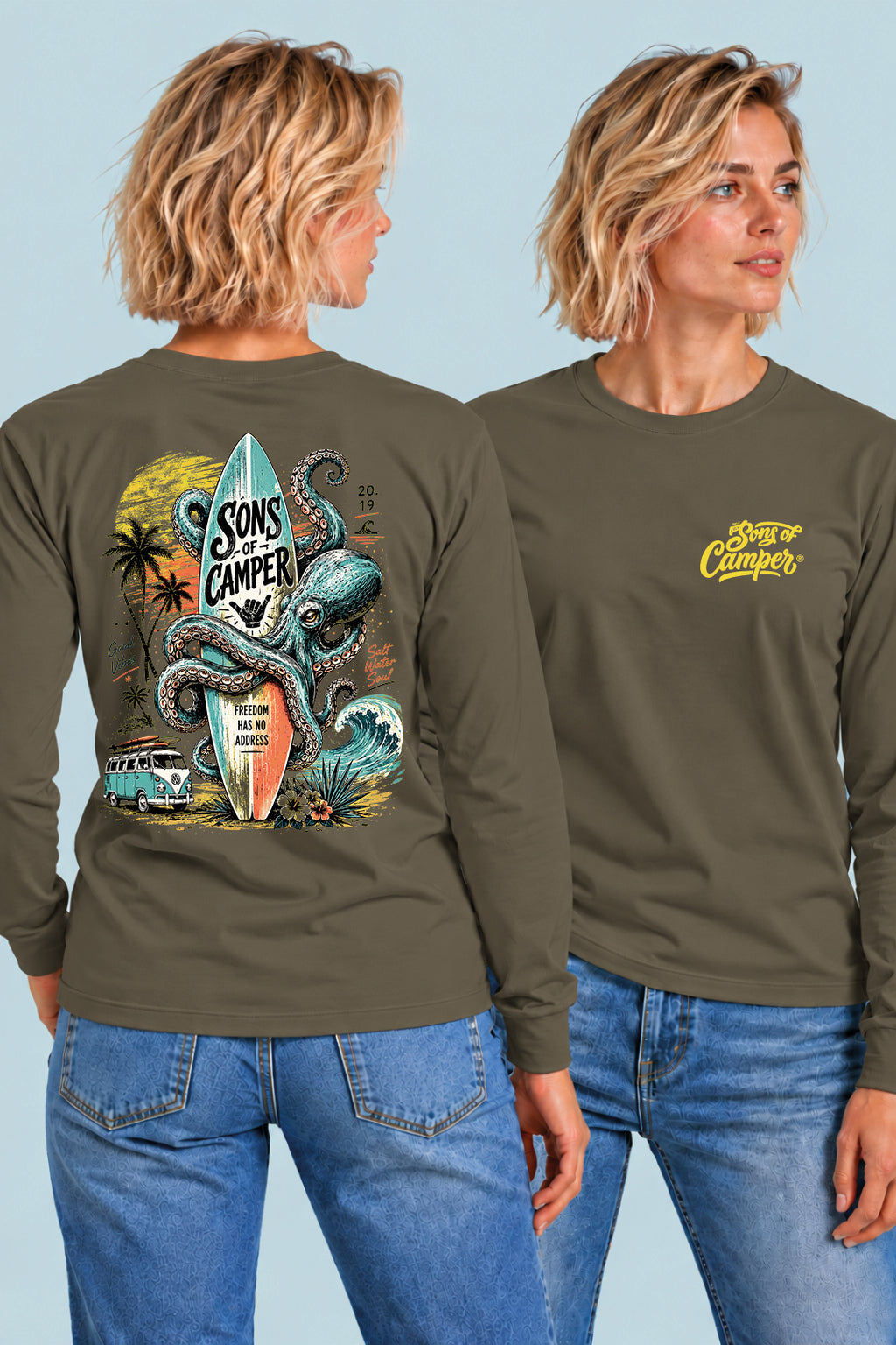 Camiseta manga larga Galicia Sons of Camper color Caqui, vista mujer