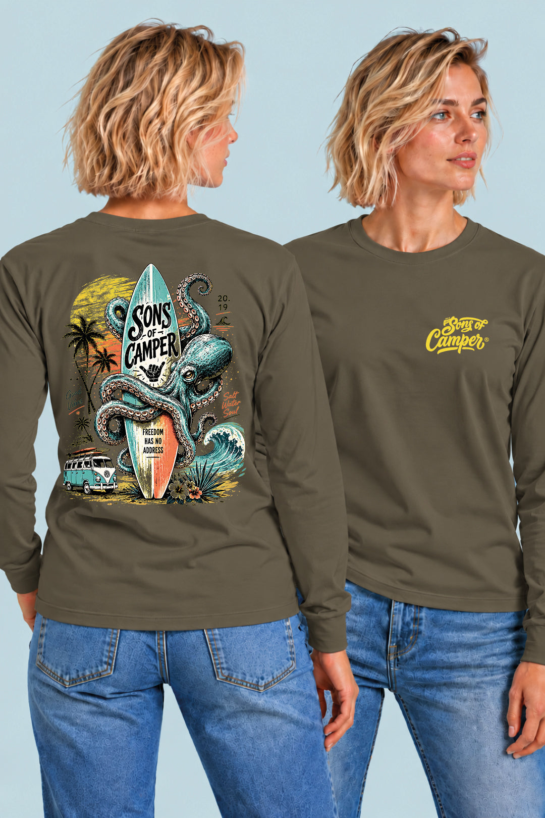 Camiseta manga larga Galicia Sons of Camper color Caqui, vista mujer
