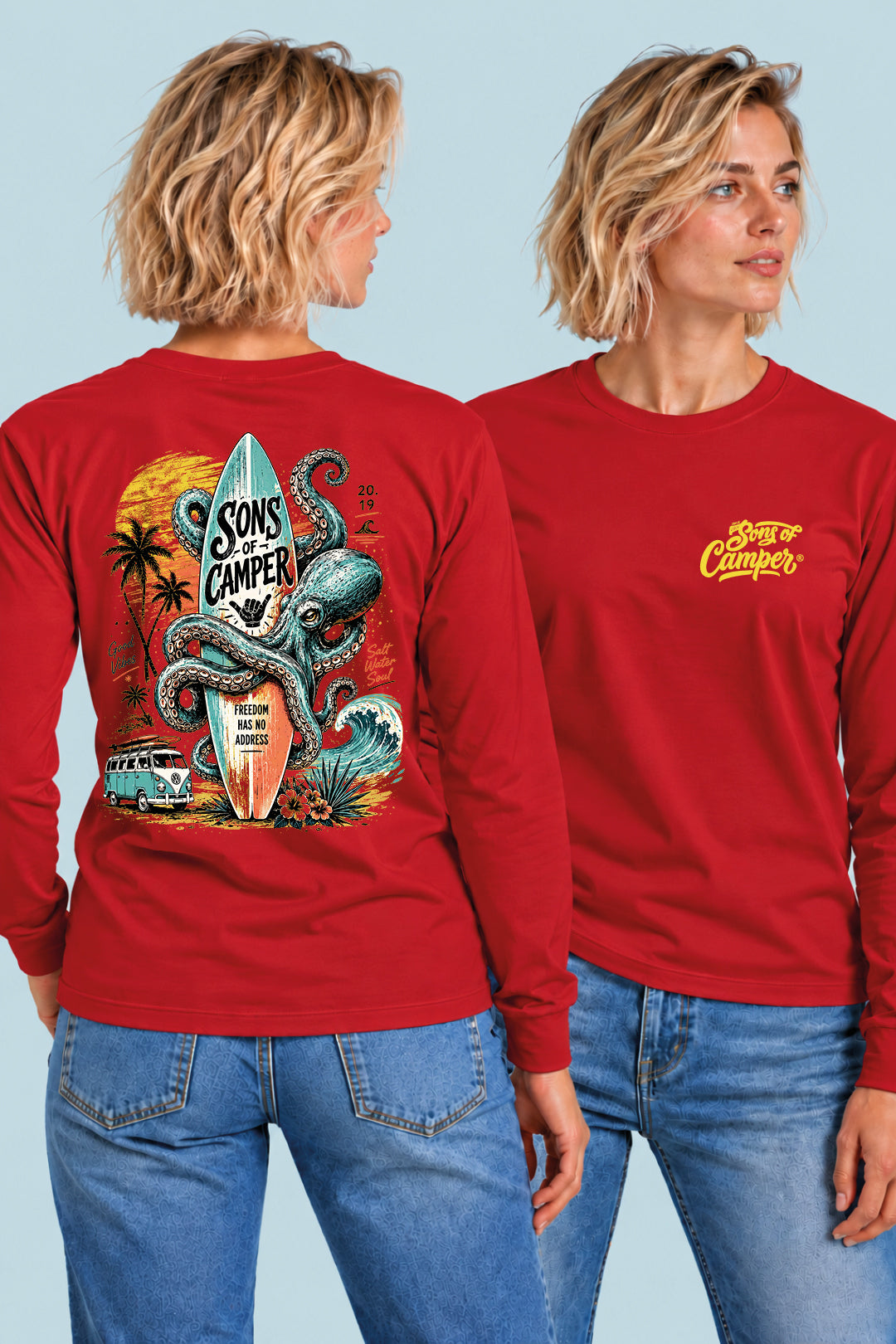 Camiseta manga larga Galicia Sons of Camper color Rojo, vista mujer