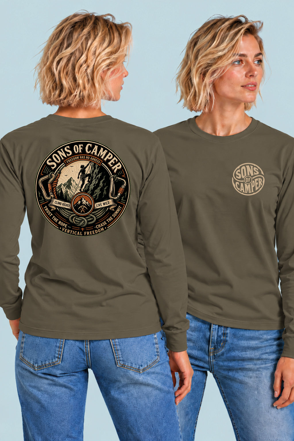 Camiseta manga larga Pirineos Sons of Camper color Caqui, vista mujer