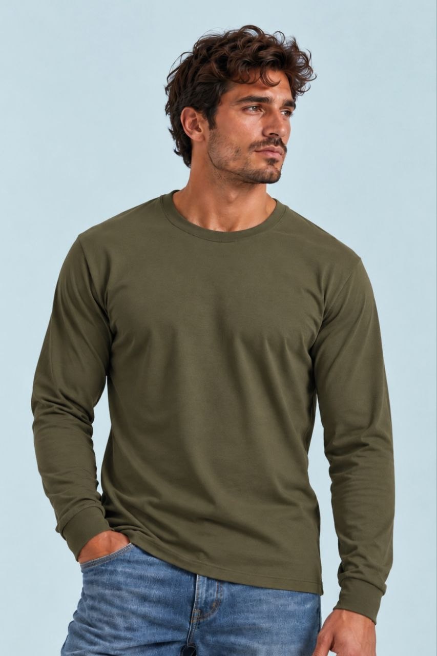 Camiseta manga larga sin estampar, color Caqui, vista delantera