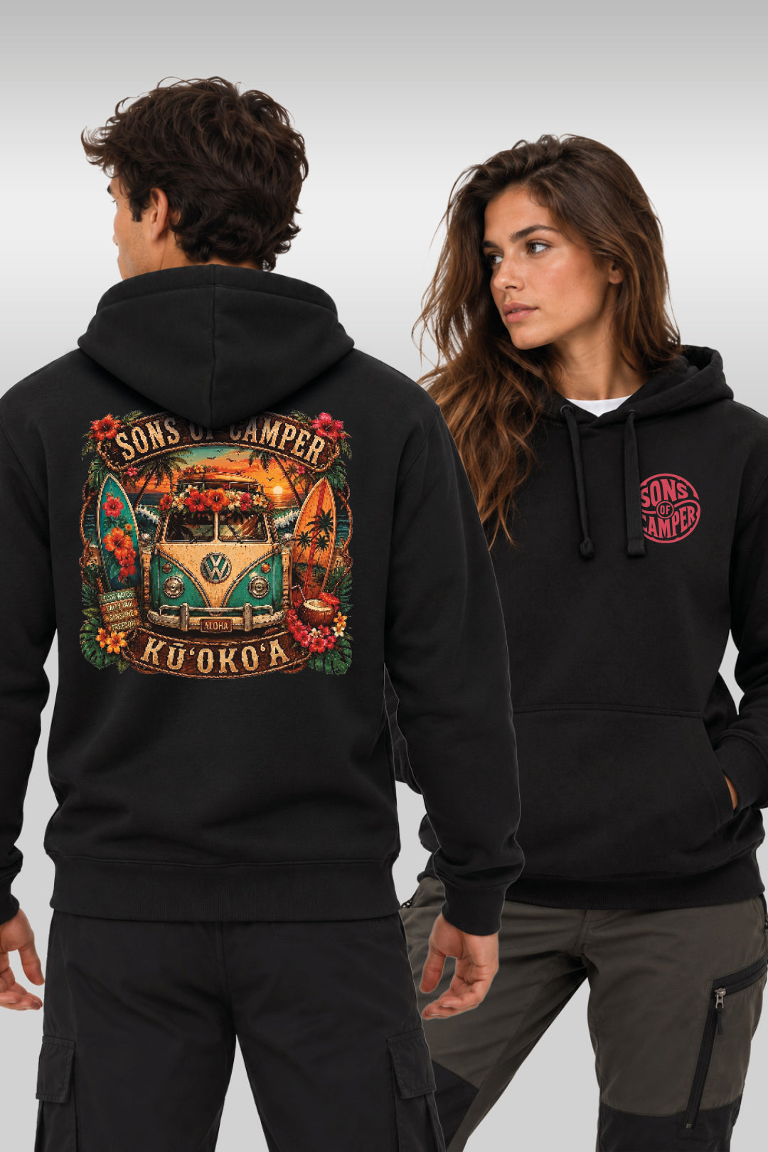 Sudadera con capucha negra con diseño Kuokoa, vista delantera y trasera; imagen provisional para todos los colores