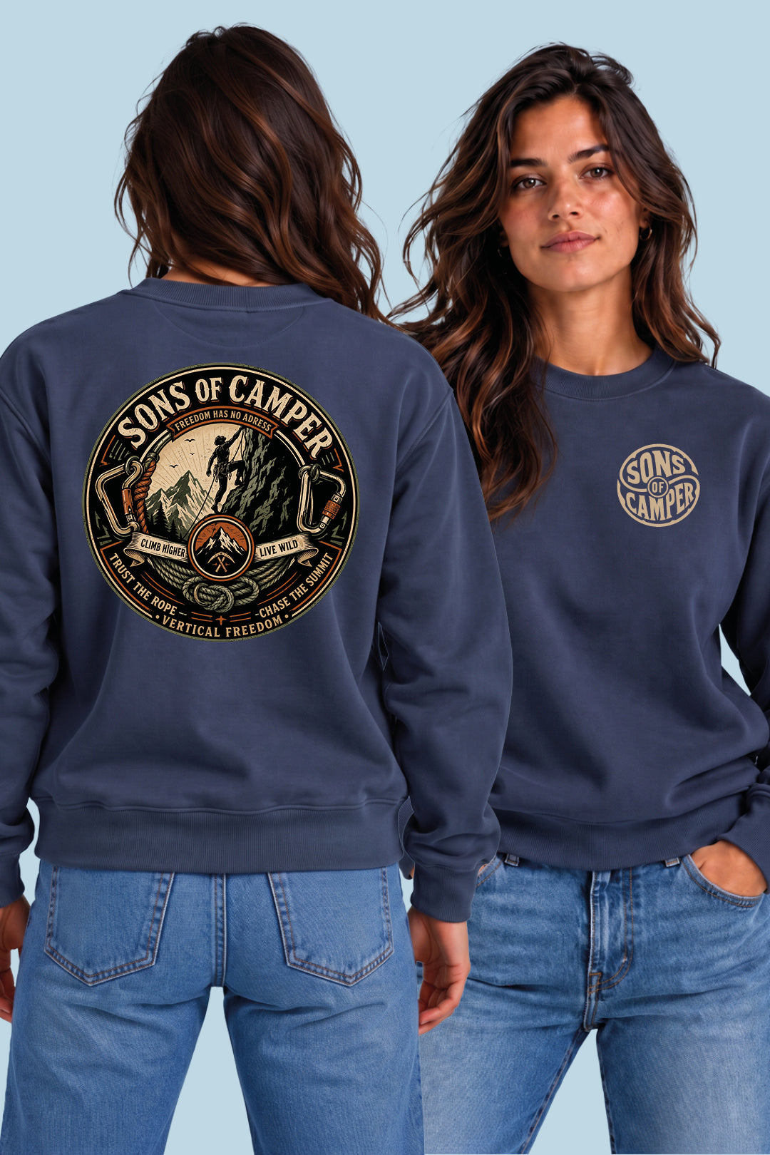 Sudadera Pirineos Sons of Camper color Navy, vista mujer